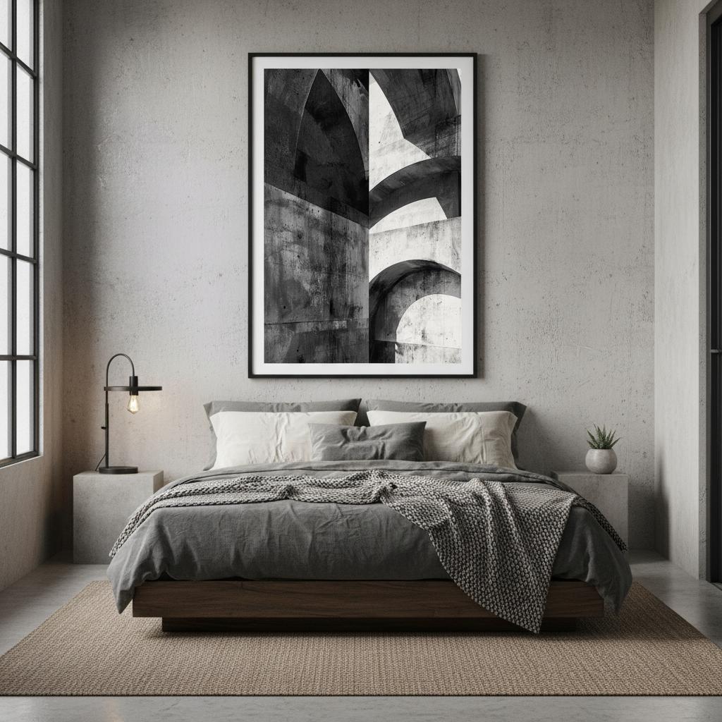 A framed Brutalist architecture print displayed above a warm, minimalist bedroom setting. The monochrome geometric arches contrast beautifully with neutral bedding and soft décor. This mockup shows how the artwork brings structure, depth, and modern character into contemporary living spaces while seamlessly integrating with natural textures and calming tones.
