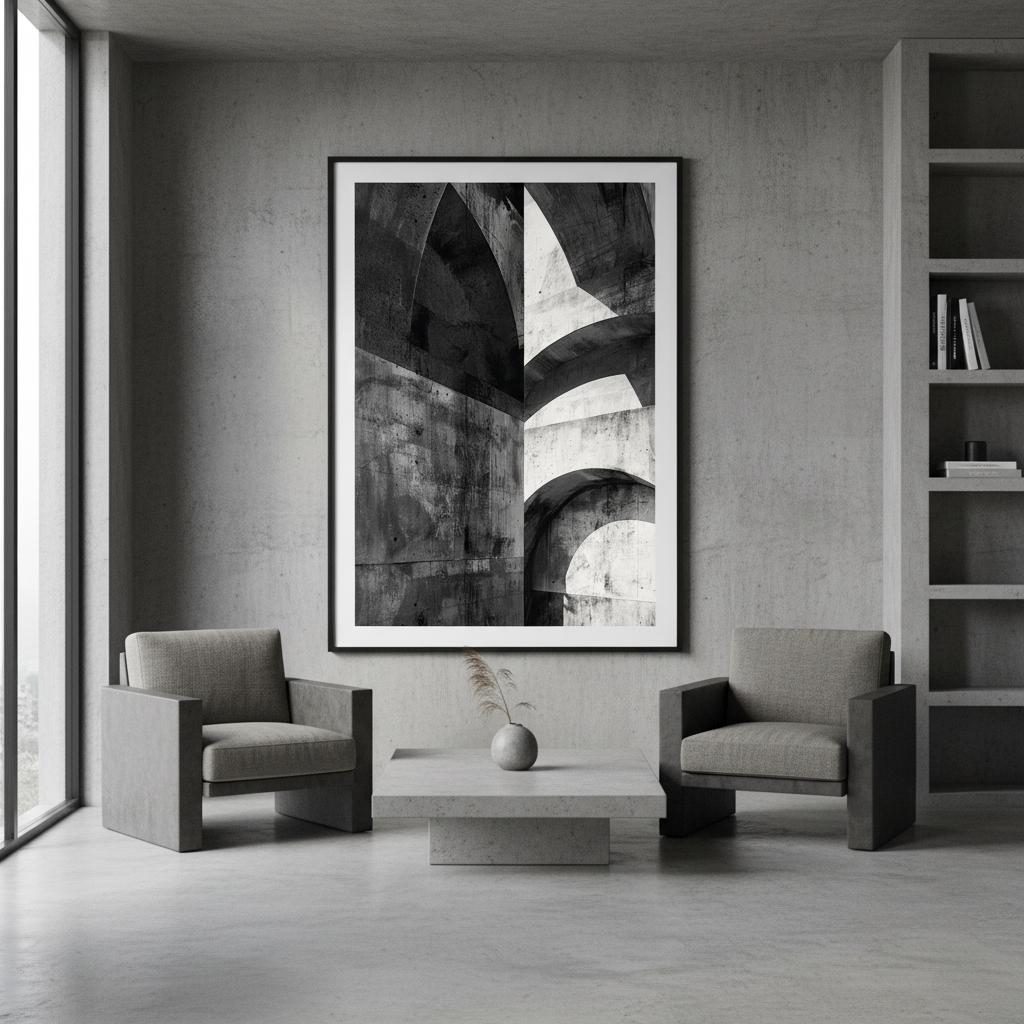 A large framed Brutalist concrete-arch poster showcased in a modern bedroom with clean lines and muted tones. The artwork’s strong geometric shadows enhance the room’s minimalist design. The mockup highlights scale, presence, and how the piece adds architectural interest and sophistication to stylish contemporary interiors.