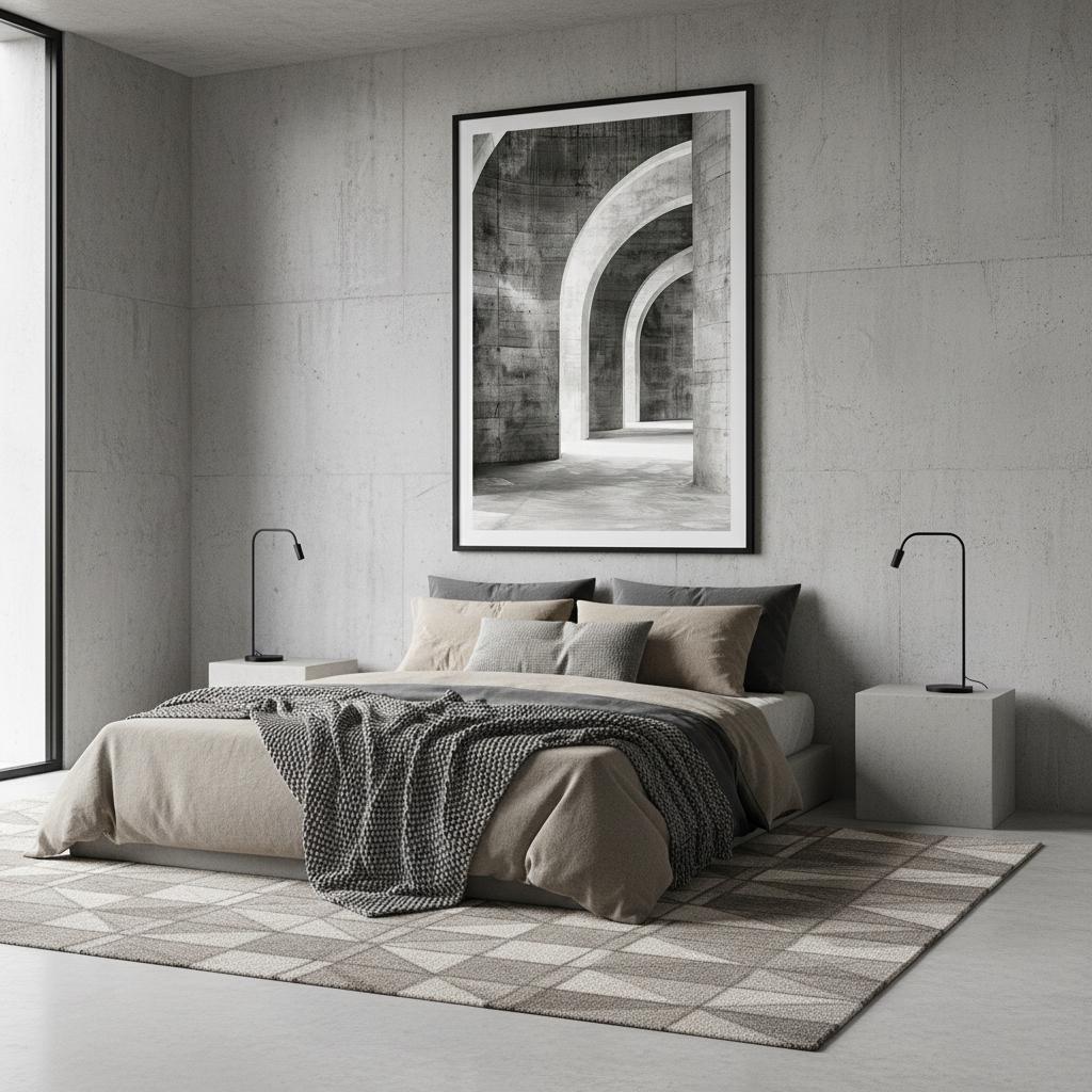 A styled bedroom mockup featuring the Concrete Arches print framed above a neatly made bed. Neutral tones and soft furnishings highlight the artwork’s strong lines and modernist feel. This scene helps customers visualise how the monochrome Brutalist design enhances calm, minimalist interiors while adding architectural character and a touch of sophistication.