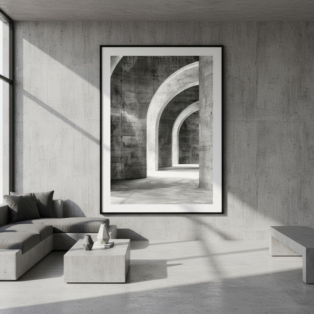 A contemporary living-room mockup showcasing the Concrete Arches print hanging above a sofa. The room’s warm textures and neutral palette contrast beautifully with the crisp monochrome artwork, demonstrating how Brutalist forms blend effortlessly into modern interior styling while adding both visual depth and a refined architectural edge to the space.