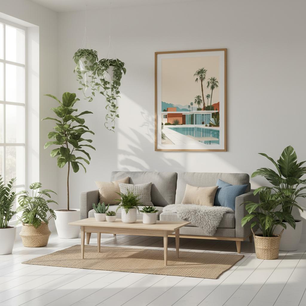 A bright living-room mockup displaying the Desert Mirage Villa print above a sofa, styled with soft neutral décor and indoor plants. The artwork’s warm terracotta architecture and cool blue pool tones create a calming desert-modern feel. Helps customers visualise how the design fits into contemporary, minimalist, or Palm Springs-inspired spaces.