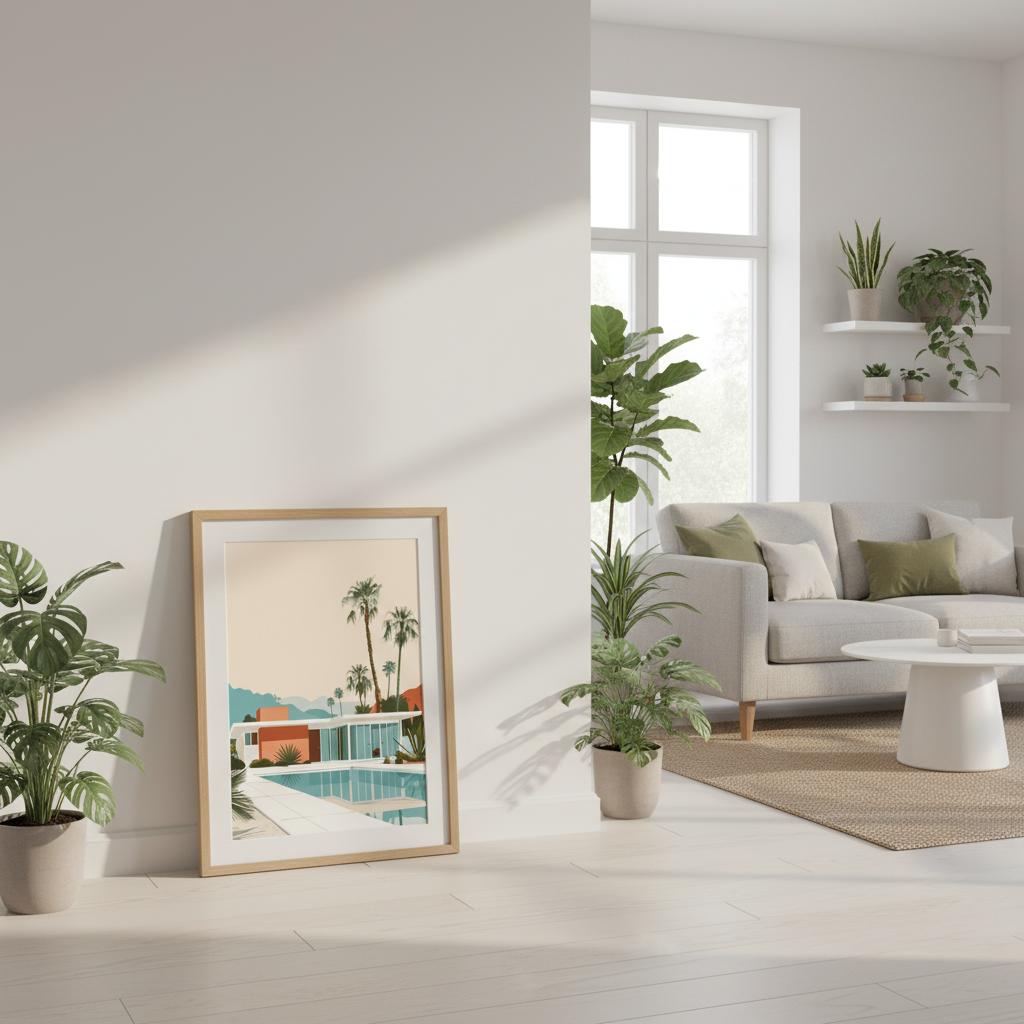 A bedroom mockup showing the Desert Mirage Villa print framed above a neatly styled bed. The soft, warm interior tones complement the artwork’s desert palette, illustrating how the Mid-Century Modern design enhances calm, sunlit spaces. Ideal for customers wanting a retro-influenced yet modern atmosphere in bedrooms or studio apartments.
