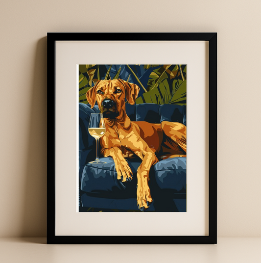Tropical Lounge Dog  – Modern  Wall Art Brown Dog on Blue Sofa Art Print