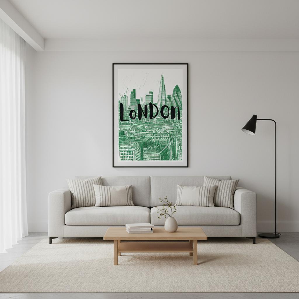 A London skyline typography print showcased in a bright, modern bedroom with soft furnishings and neutral tones. The green illustrated cityscape stands out beautifully on the wall, demonstrating how the poster brings vibrant urban character into clean, contemporary spaces. Ideal for showcasing scale, style, and real-world interior versatility.