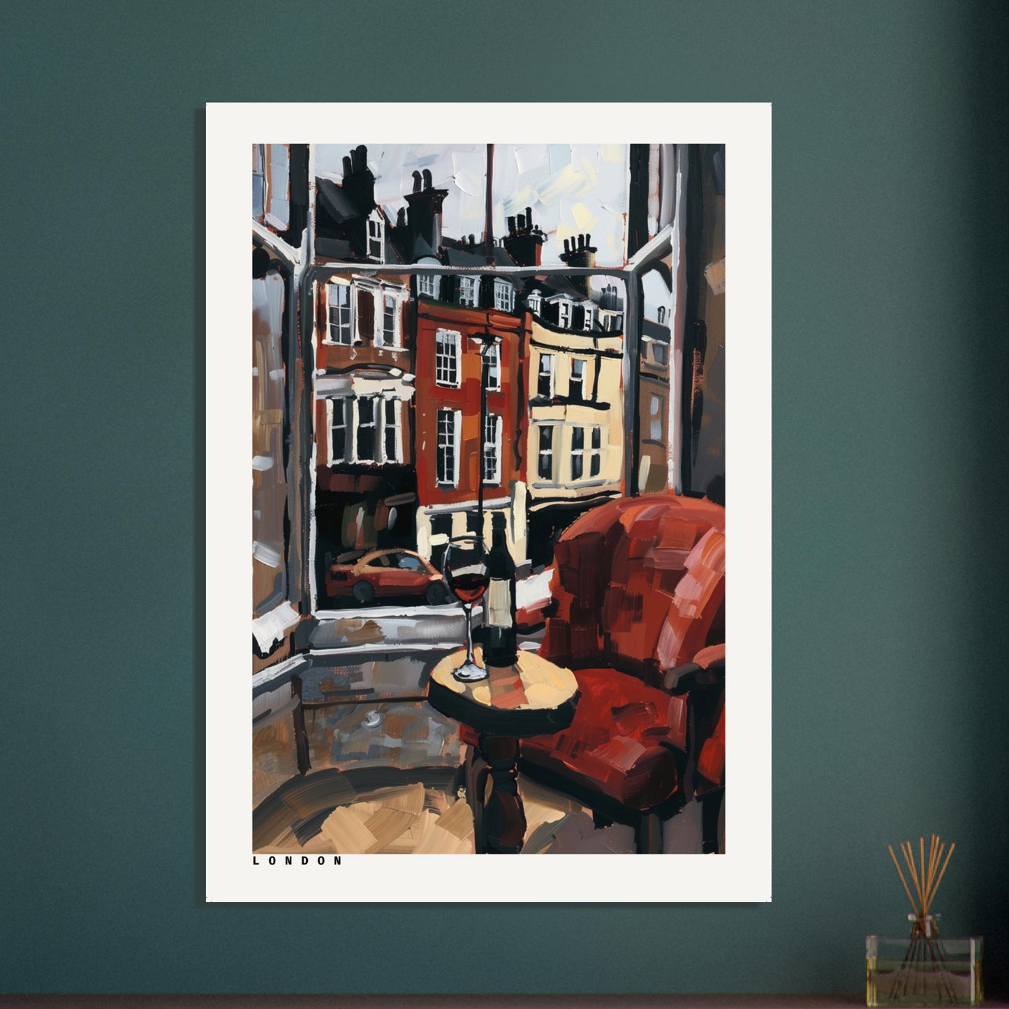 A framed London Window Lounge print mounted on a deep green feature wall with plants and warm lighting. The cosy red armchair and table with a wine glass create an intimate vignette while the city view through the window adds urban character. The mockup shows how the artwork brings warmth and city-chic style to interiors.
