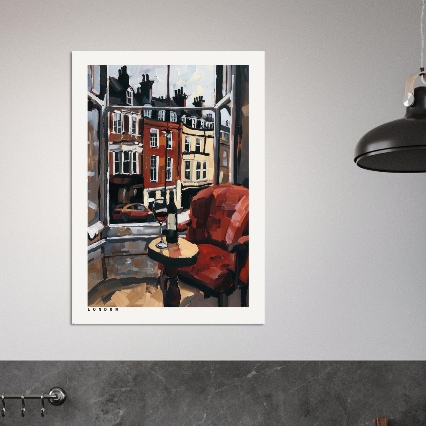 A London Window Lounge poster showcased in a bright, neutral-toned living room with soft textures and minimal decor. The rich reds and painterly textures of the artwork provide a bold focal point, demonstrating how the print adds colour, depth, and cosy sophistication to modern homes, dining nooks, or reading corners.