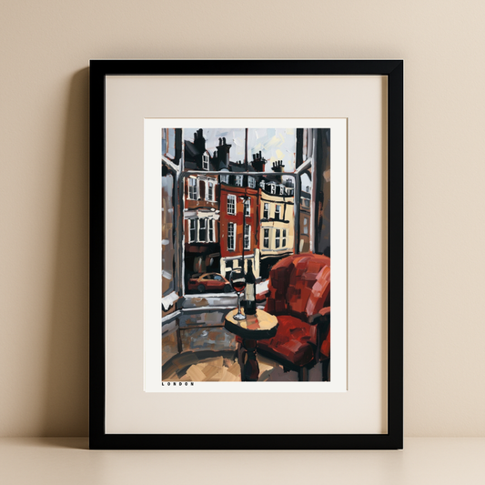 London Window Lounge – Modern City Wall Art with Wine and Urban View