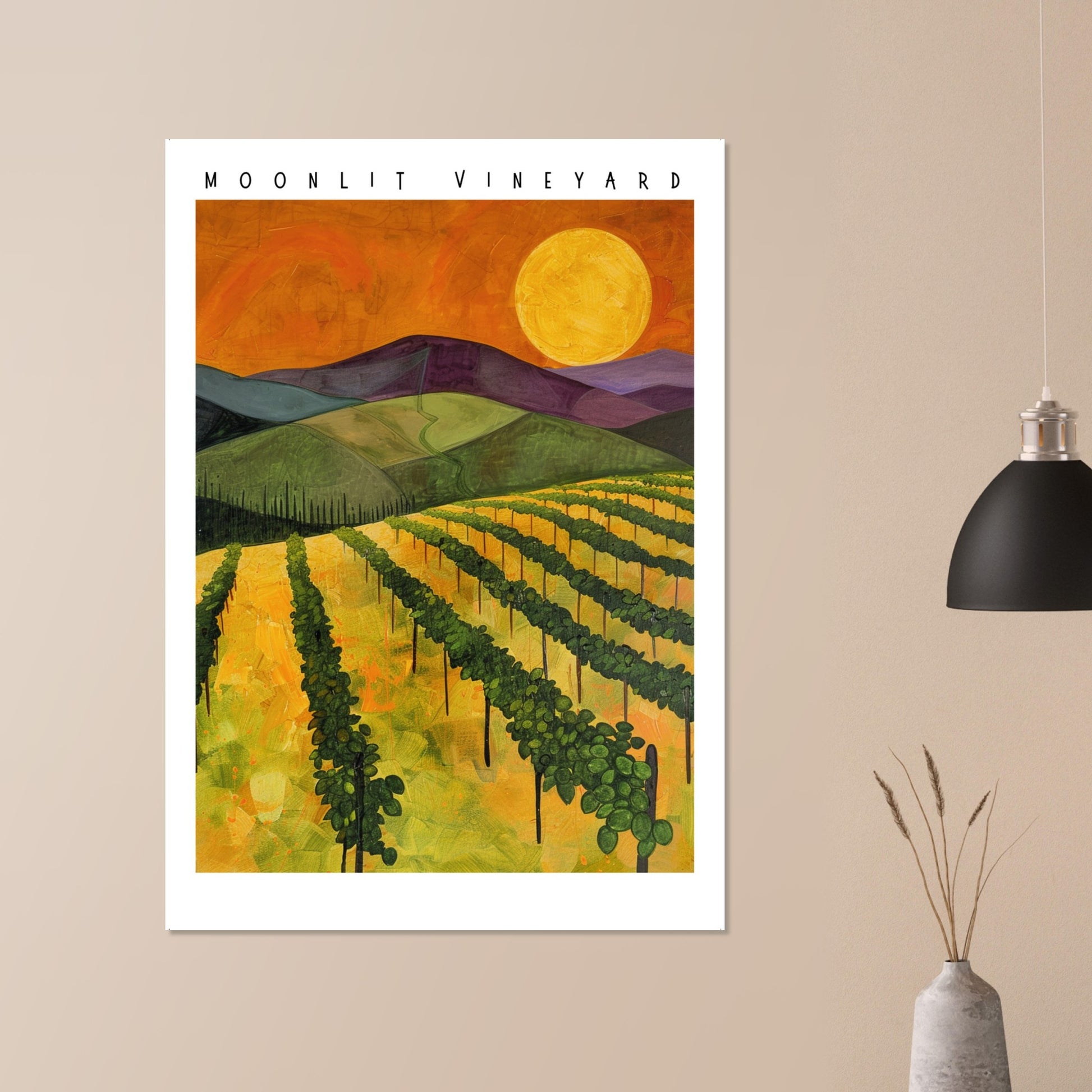 A large framed Moonlit Vineyard poster hanging in a bright, neutral living room. The artwork’s glowing moon, rolling hills, and golden fields add warmth and colour to the minimalist décor. This mockup highlights how the piece enhances modern interiors with a sense of calm, nostalgia, and vineyard-inspired charm.