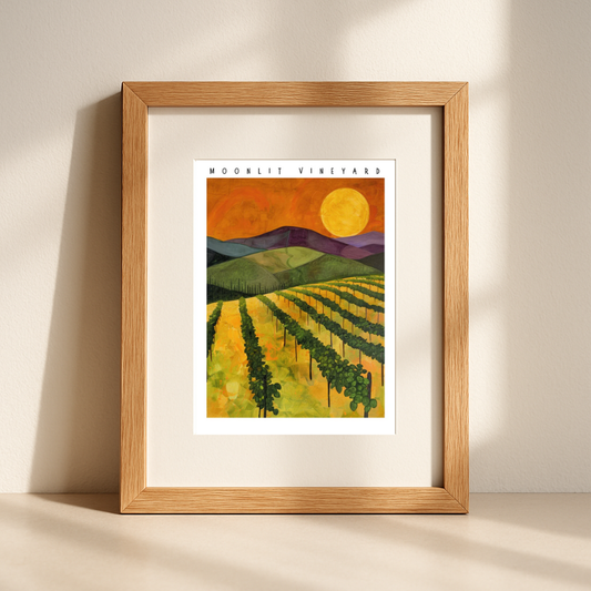 Moonlit Vineyard – Modern Landscape Wall Art with Golden Fields