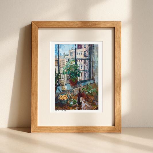 New York Loft Still Life – Urban Wall Art with Wine, Plants, and City View