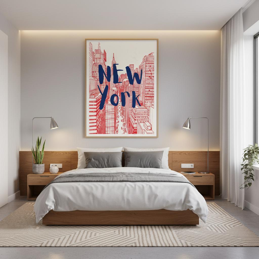 Styled bedroom mockup featuring the New York Skyline poster above a bed, showing scale, framing, and warm interior styling. The scene demonstrates how the print adds urban character and colour contrast to soft neutral furnishings, offering buyers a realistic preview of placement options for modern homes, apartments, or studio spaces.