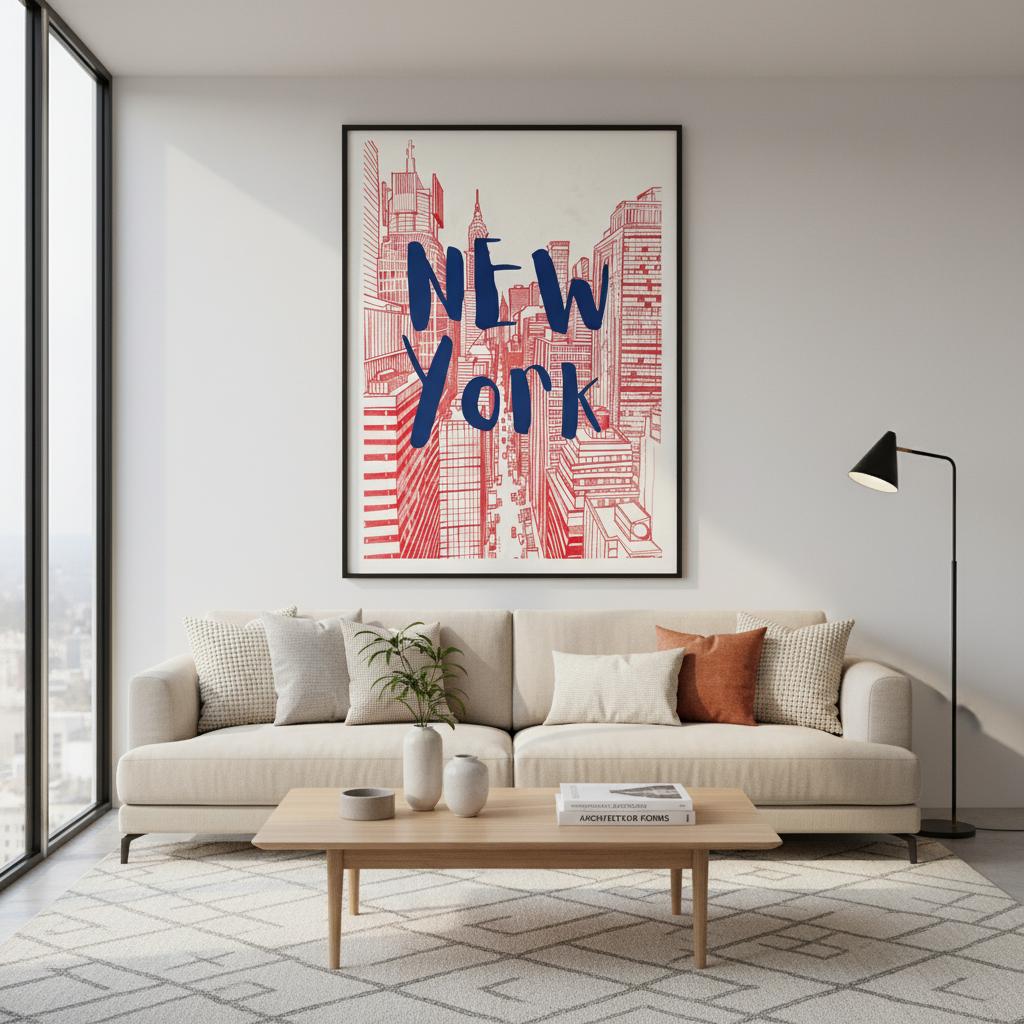 Framed-living-room mockup showing the New York poster centered above a console, illustrating matting and frame proportions. The image highlights how the graphic red skyline and bold blue typography become a statement piece, elevating minimalist décor and creating visual energy in entryways, lounges, and modern communal spaces, offices, and galleries.