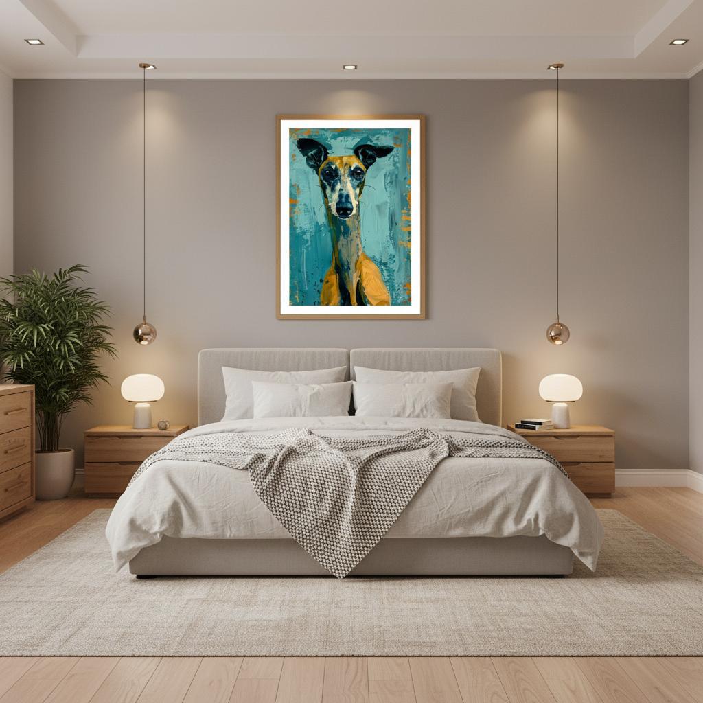 Golden Whippet artwork framed above a minimalist bed in a bright, calming bedroom. The vivid teal background and golden highlights contrast beautifully with soft, neutral furnishings. Natural daylight highlights the painting’s expressive strokes, creating an elegant, modern atmosphere suited for bedrooms, studios, or tranquil contemporary living spaces.