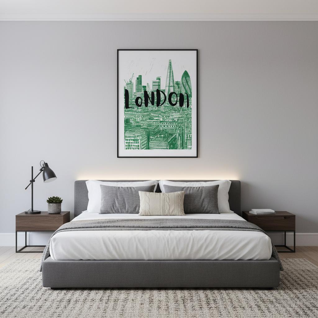 A framed London skyline typography poster displayed above a bed in a neutral, modern bedroom. The green cityscape artwork adds a fresh pop of colour, blending seamlessly with minimalist décor. The mockup highlights how the print enhances calm, stylish interiors while adding a subtle urban design element suitable for contemporary homes