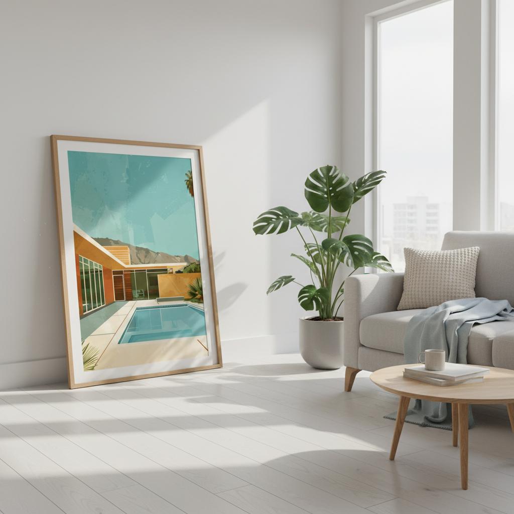Framed Palm Springs Pool House print displayed above a cosy, modern sofa in a bright living room. The turquoise and warm desert tones complement neutral furnishings, showing how the artwork brings retro charm and relaxed sophistication to everyday interiors while emphasising scale and placement in a real home setting.