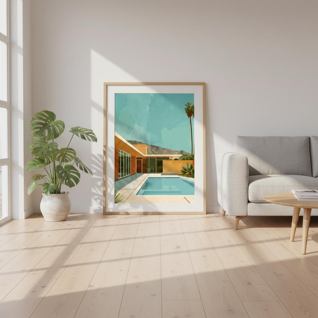 Large framed Palm Springs pool house poster in a light, minimalist room with wooden accents and plants. The print’s vivid turquoise and soft ochre hues add warmth and mid-century flair, illustrating how the artwork enhances contemporary décor with a laid-back, sunlit aesthetic suitable for living spaces and offices.