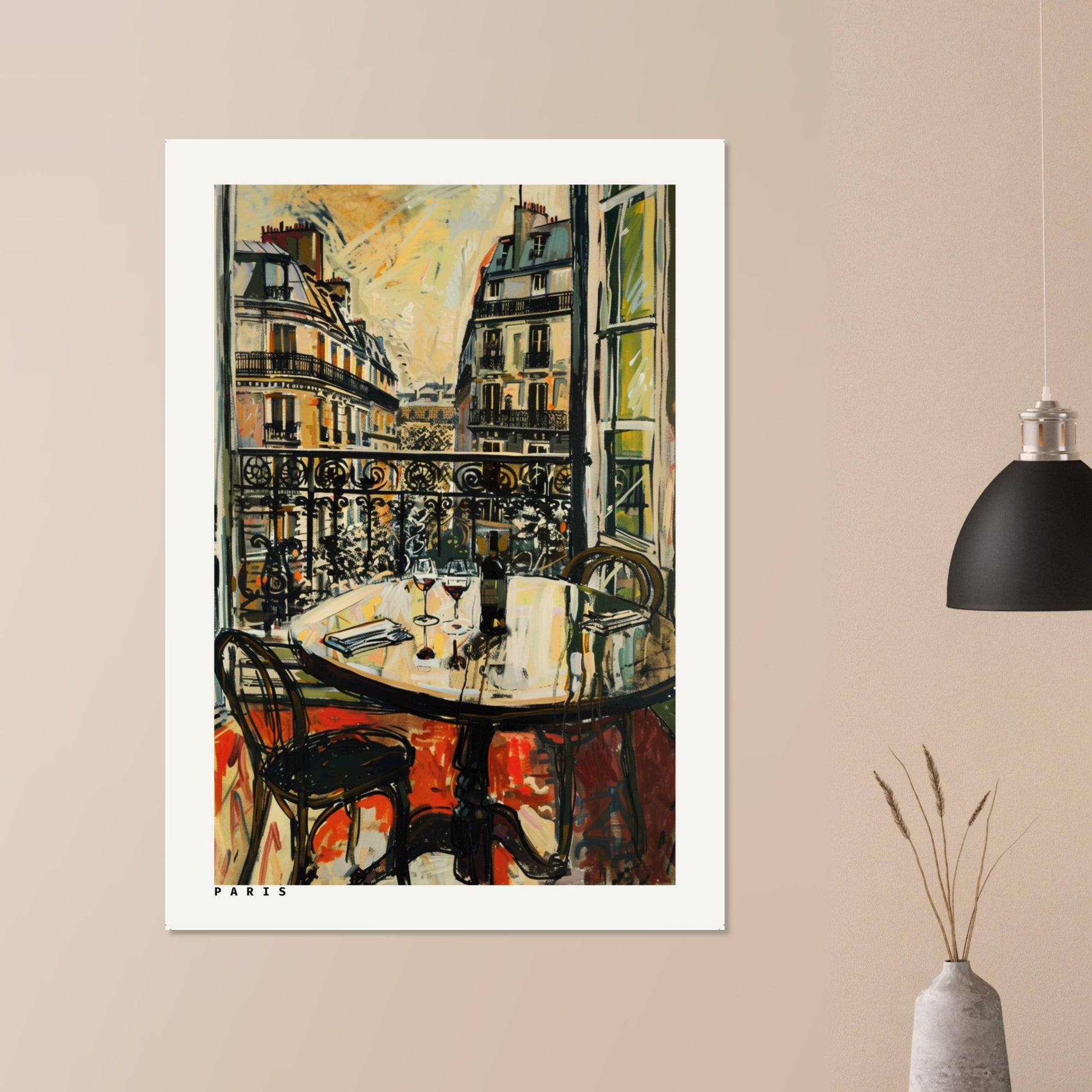 A cozy living-room mockup featuring the Paris Balcony Café print framed above a neutral sofa. The artwork’s warm city tones and café details bring romantic European character to the space, helping customers visualise how the piece enhances modern or vintage-inspired interiors with warmth, nostalgia, and artistic charm.