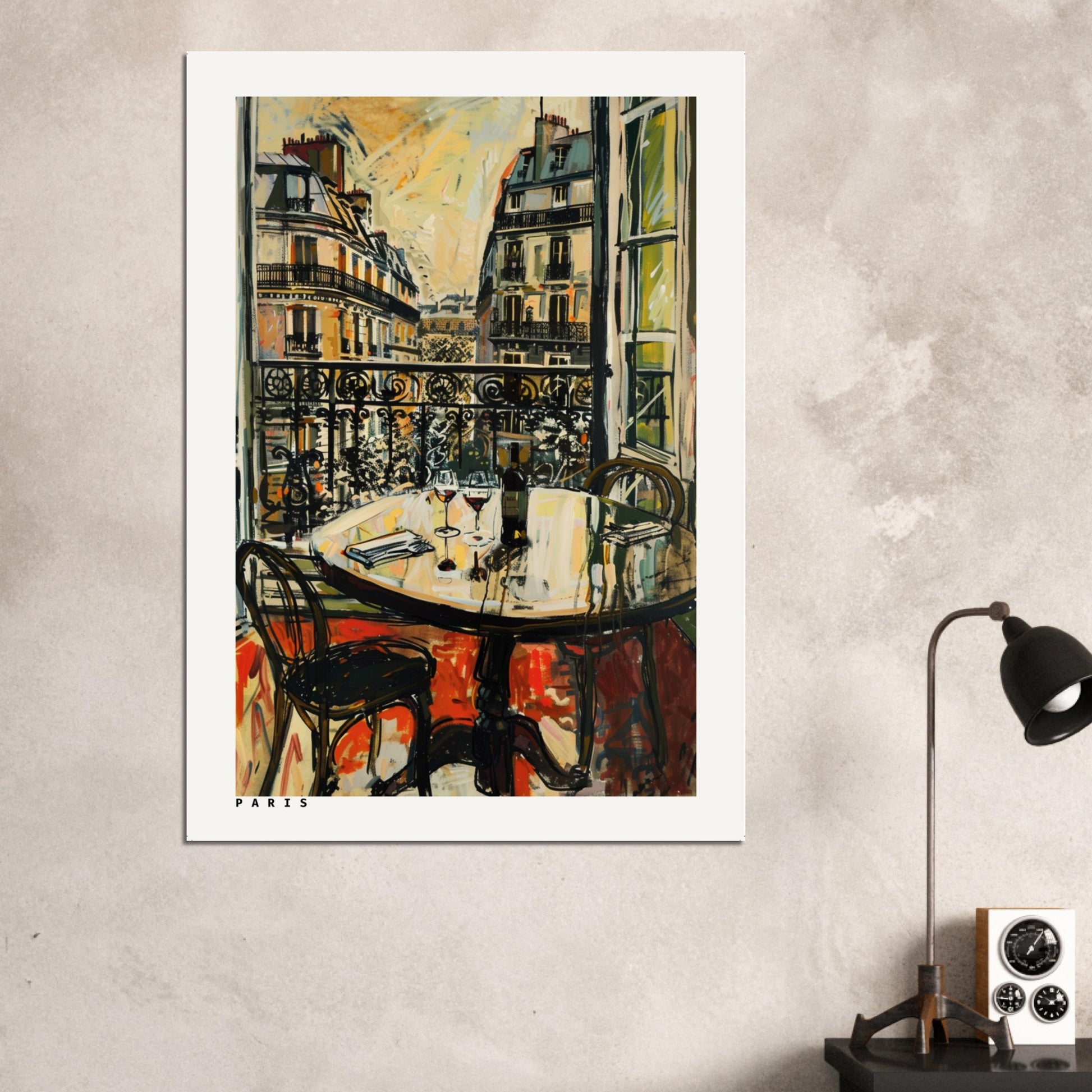 A bright interior mockup showcasing the Paris Balcony Café print centered on a clean wall. The impressionist colours and glowing Parisian architecture add depth and elegance, illustrating how the artwork becomes a striking focal point in contemporary, eclectic, or travel-themed décor.