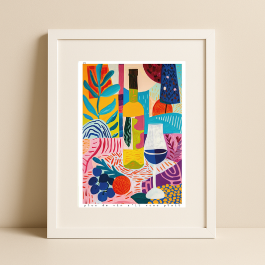 Plus de Vin S’il Vous Plaît I – Colourful Abstract Wine & Grapes Art Print