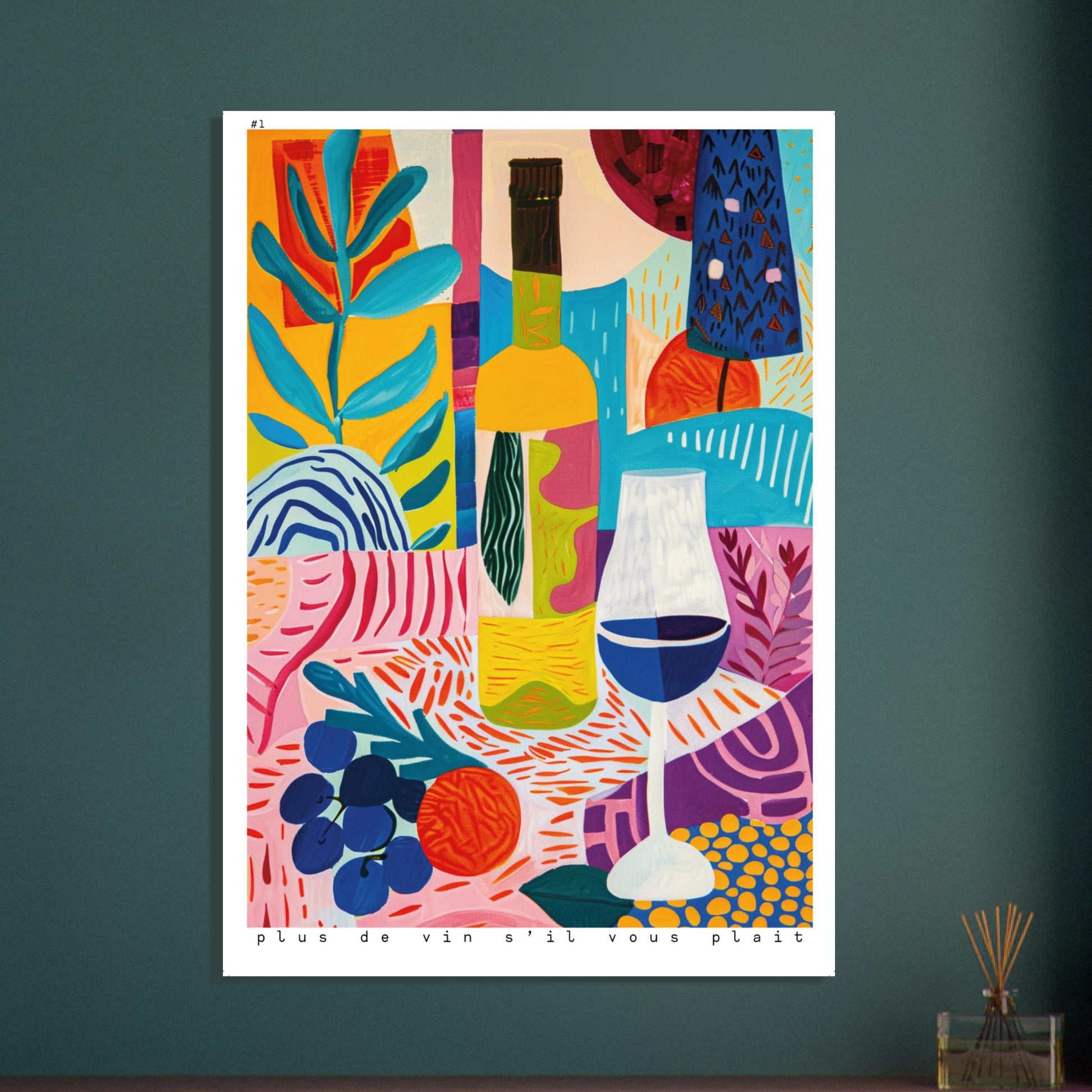 A bright dining-room mockup showing the Plus de Vin S’il Vous Plaît I print displayed above a modern table setting. The vivid colours of the artwork add energy and character, illustrating how it enriches contemporary dining spaces with playful Mediterranean charm and a lively, artistic atmospher