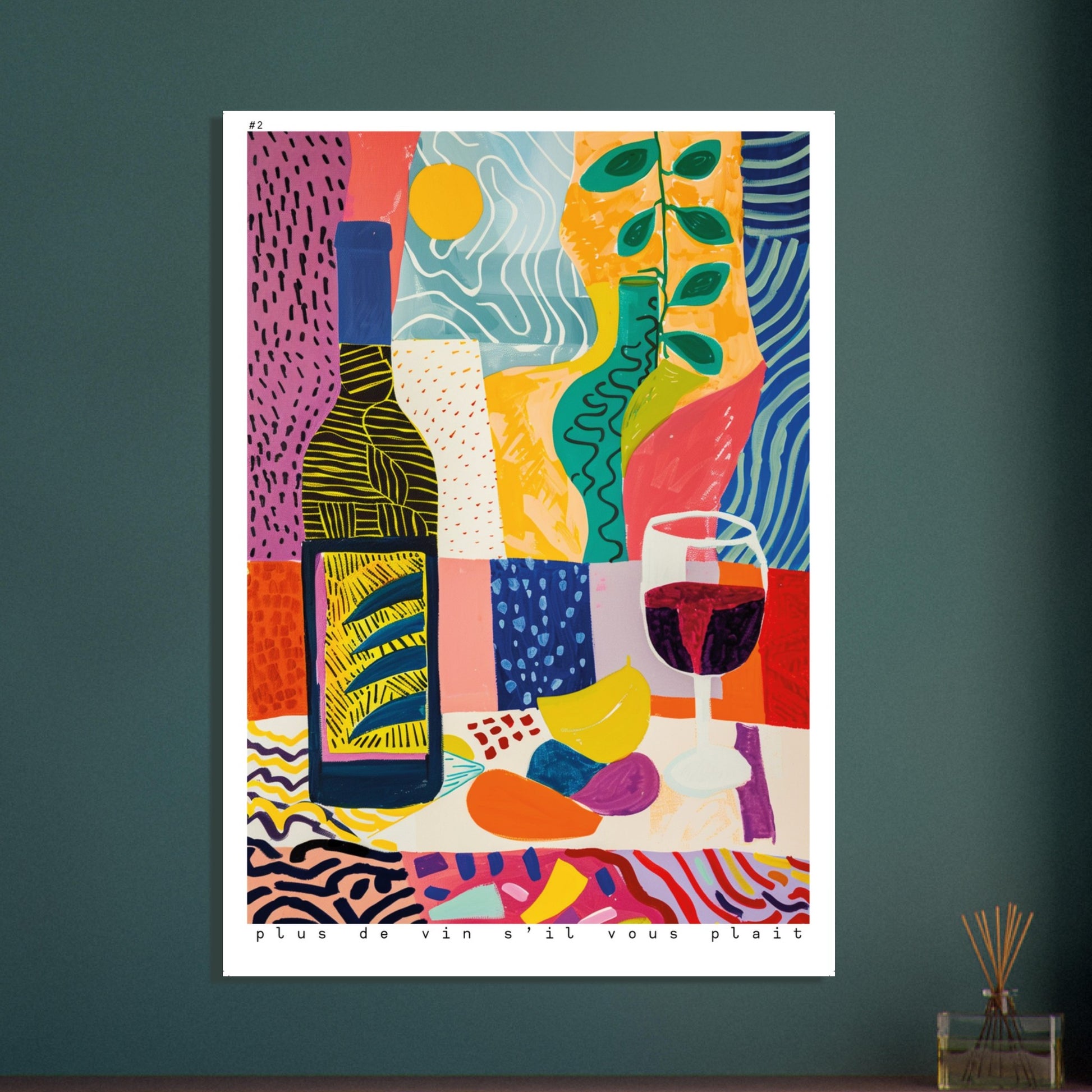 A styled dining-room mockup featuring the Plus de Vin S’il Vous Plaît II artwork displayed above a light wooden table. The colourful composition brings a cheerful, Mediterranean feel to the room, illustrating how the print enhances social spaces with vibrancy, movement, and modern abstract charm.