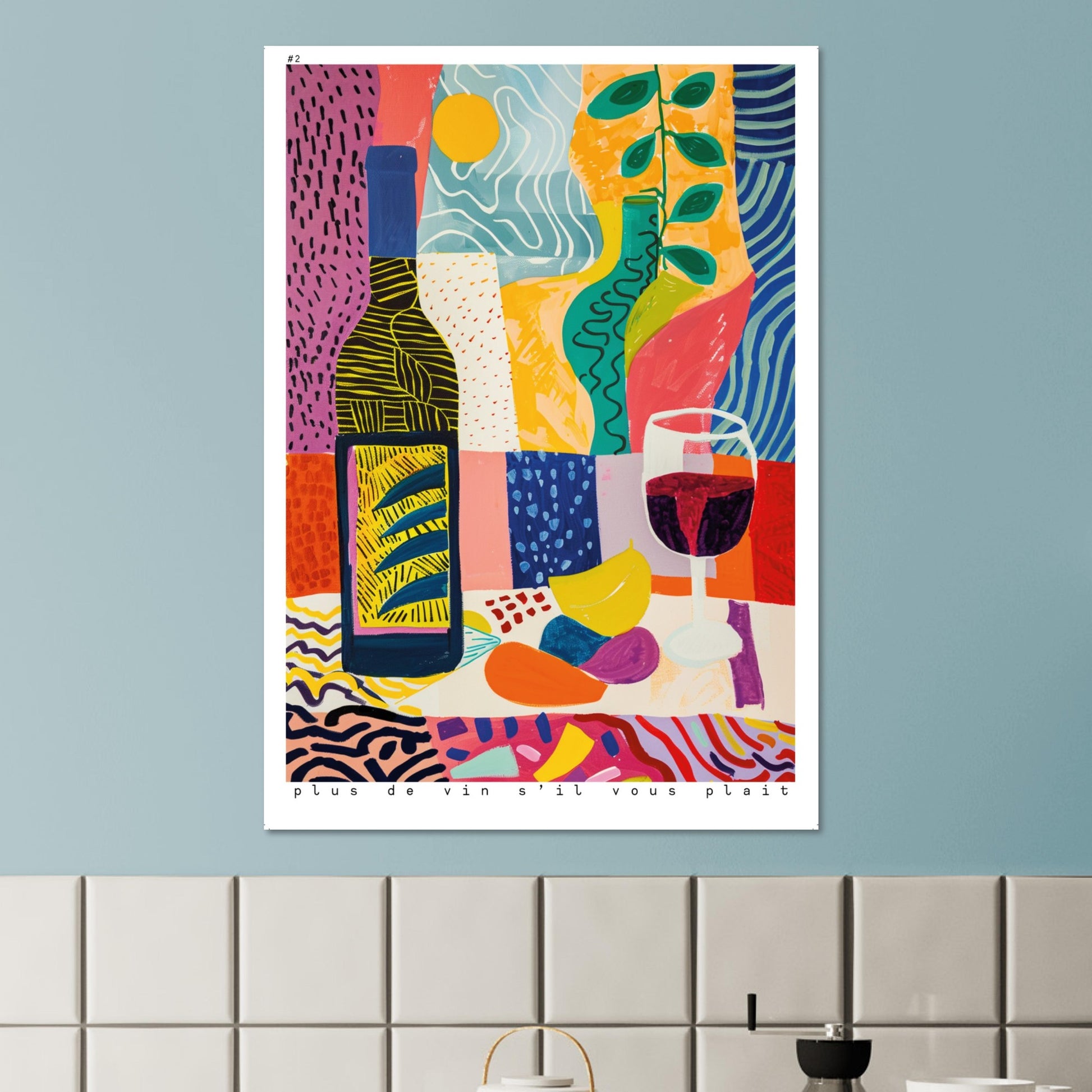 A styled dining-room mockup featuring the Plus de Vin S’il Vous Plaît II artwork displayed above a light wooden table. The colourful composition brings a cheerful, Mediterranean feel to the room, illustrating how the print enhances social spaces with vibrancy, movement, and modern abstract charm.