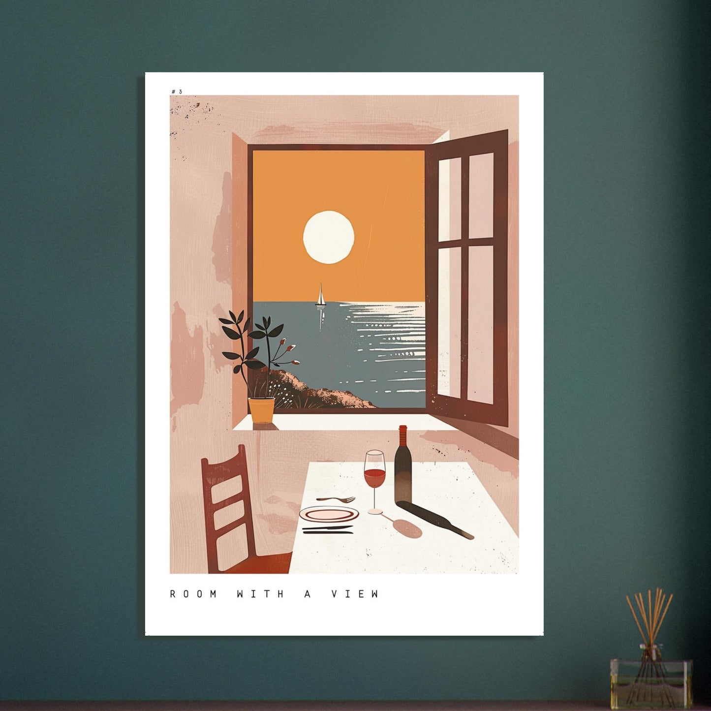 A styled dining-room mockup showing the Room with a View print above a small table. The clean, warm palette of the artwork enhances the cosy Mediterranean feel of the space, illustrating how the sunset scene and wine-themed setting create a relaxed, intimate mood in modern dining interiors.