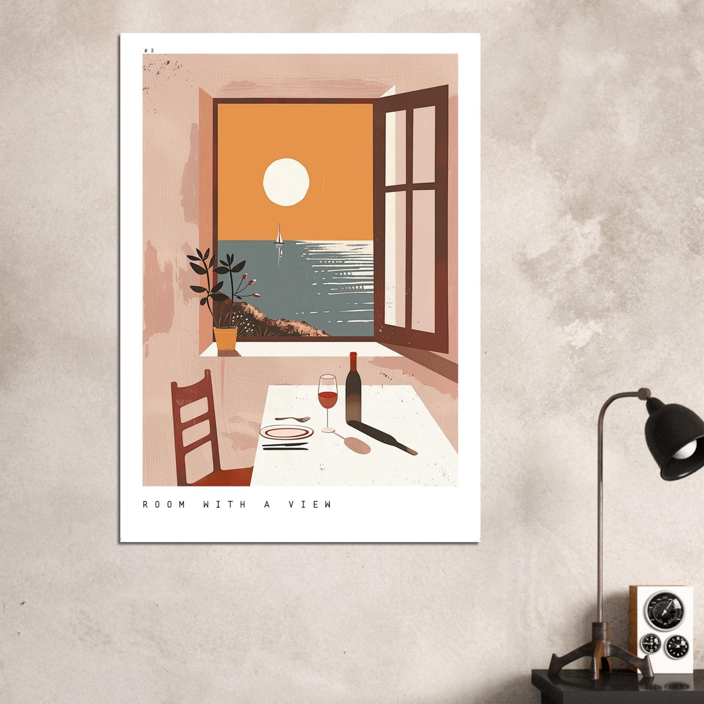 A contemporary living-room mockup displaying the Room with a View print above a neutral-toned sofa. The artwork’s warm terracotta and sunset tones complement the soft décor, helping customers visualise how the coastal minimalist design adds calm, warmth, and Mediterranean charm to modern or coastal-inspired interiors.