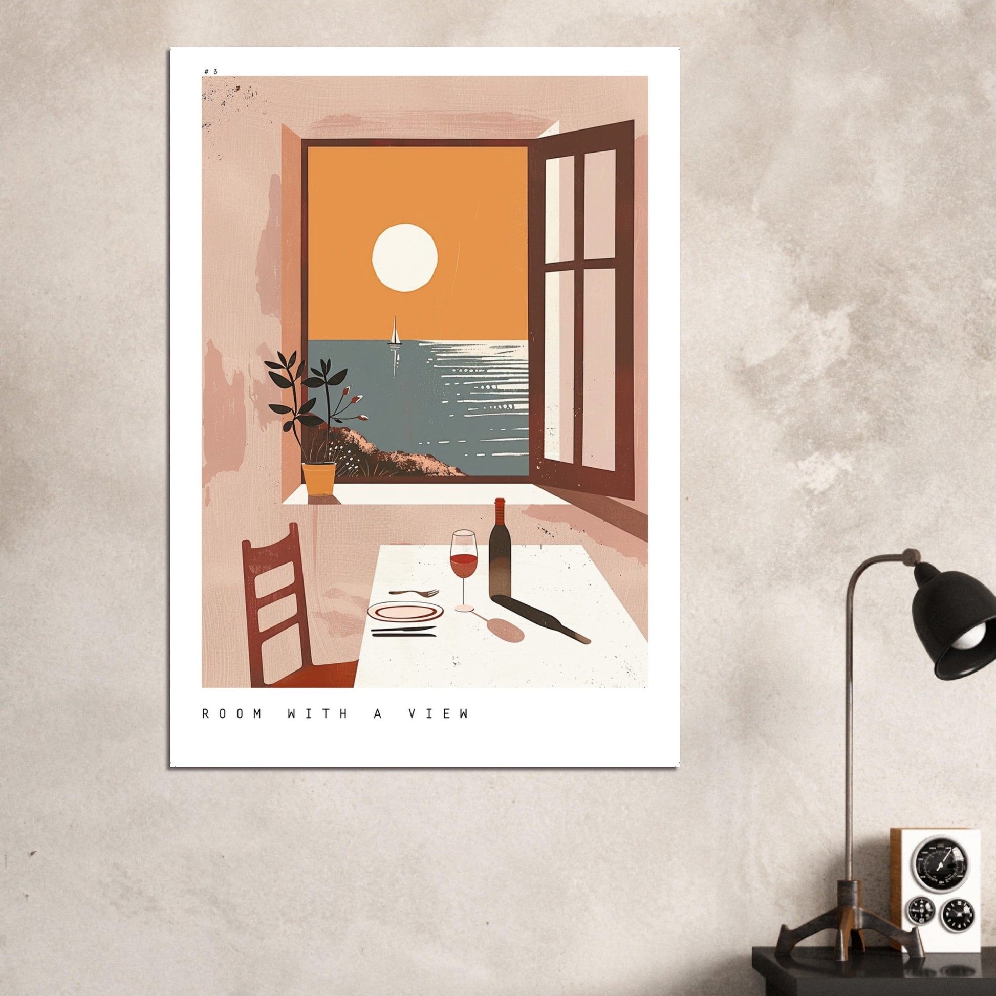 A contemporary living-room mockup displaying the Room with a View print above a neutral-toned sofa. The artwork’s warm terracotta and sunset tones complement the soft décor, helping customers visualise how the coastal minimalist design adds calm, warmth, and Mediterranean charm to modern or coastal-inspired interiors.
