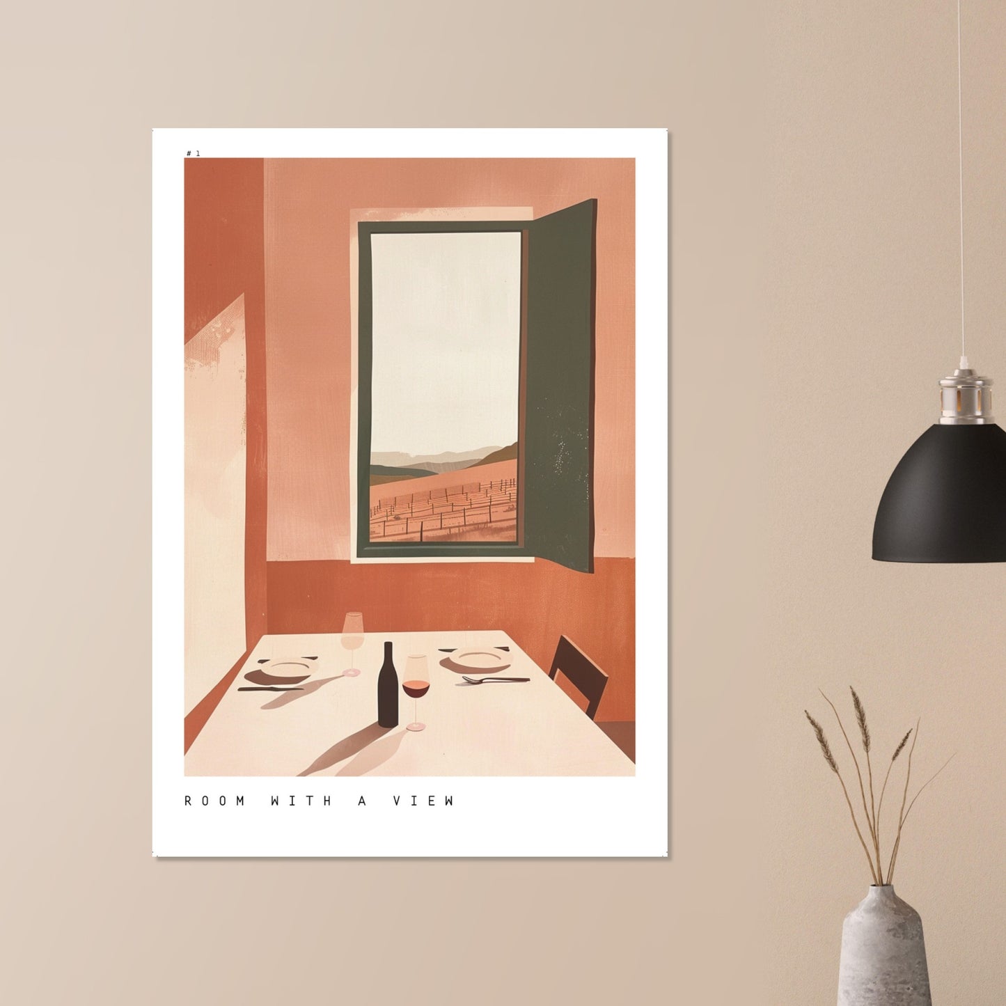 A chic dining-room mockup featuring the Room with a View print above a table setting. The warm palette and vineyard window scene create a cosy Mediterranean feel, illustrating how the artwork enhances dining spaces with romance, tranquillity, and elegant wine-inspired atmosphere.