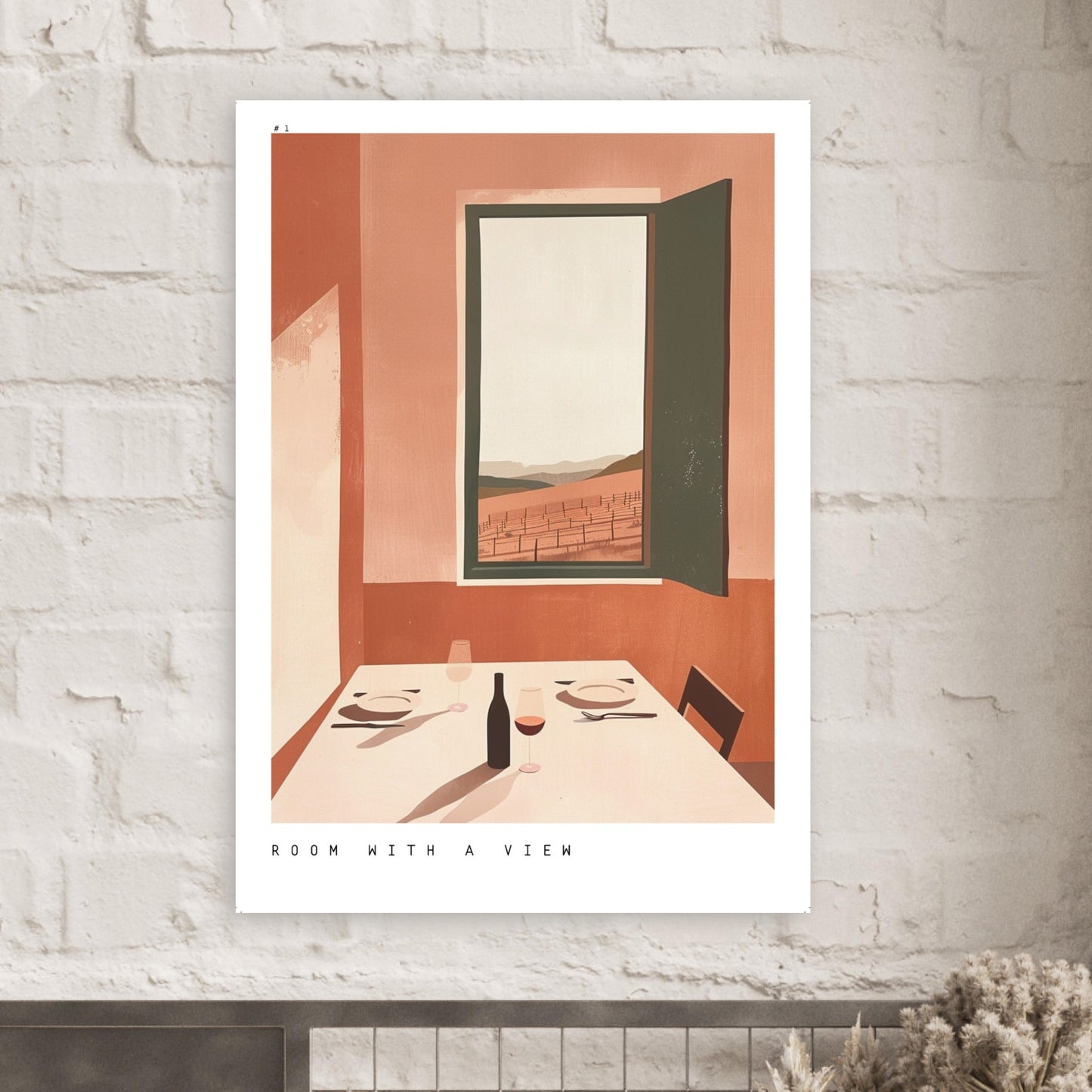 A modern living-room mockup showing the Room with a View print above a neutral sofa. The artwork’s terracotta and peach tones add warmth and Mediterranean charm, helping customers visualise how the vineyard scene brings calm, elegance, and soft natural light into contemporary interiors.