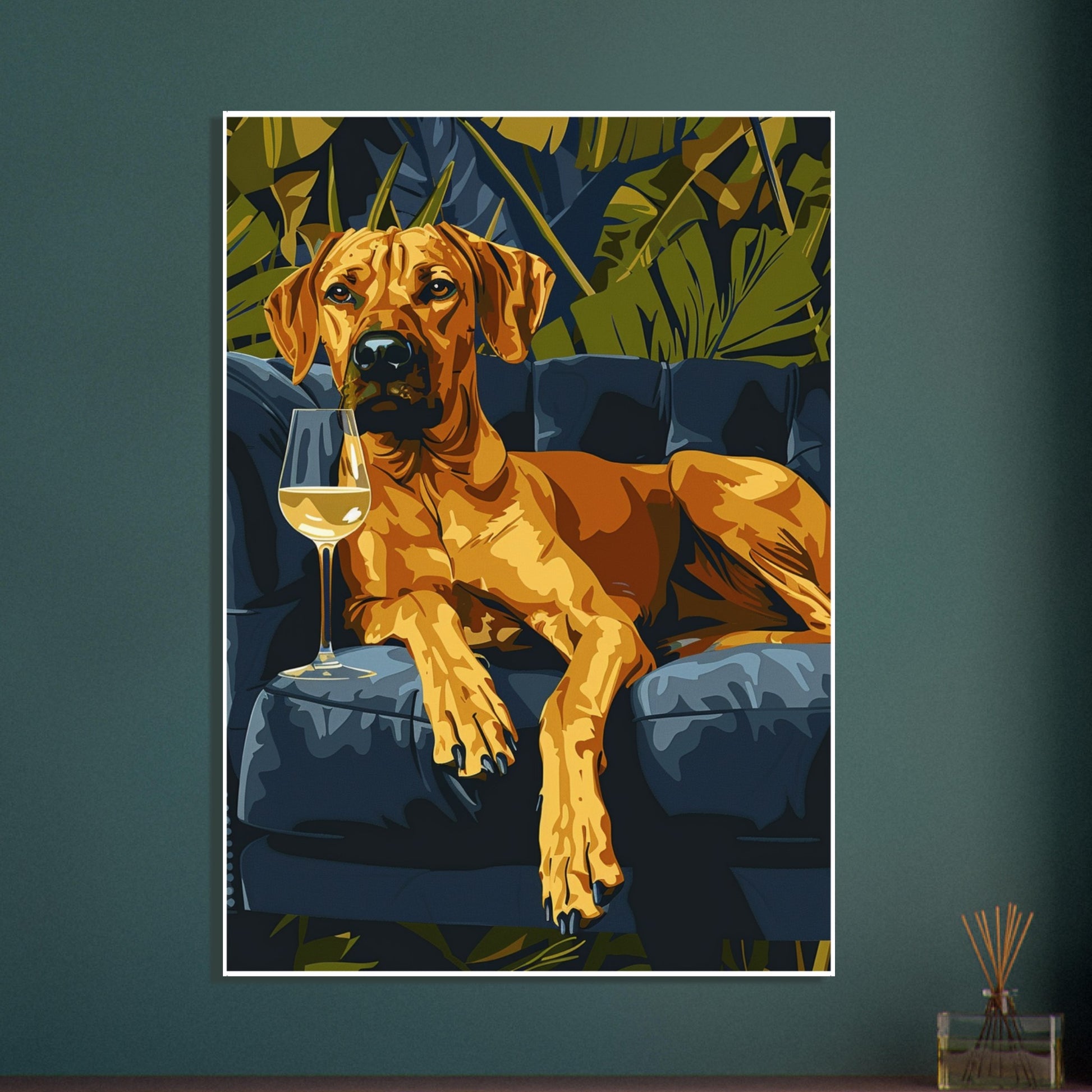 A Tropical Lounge Dog poster showcased in a sleek, minimalist room with natural textures and gentle lighting. The bold colours of the relaxed brown dog and tropical backdrop stand out against the neutral environment, adding modern sophistication and a playful yet elegant touch to the décor.