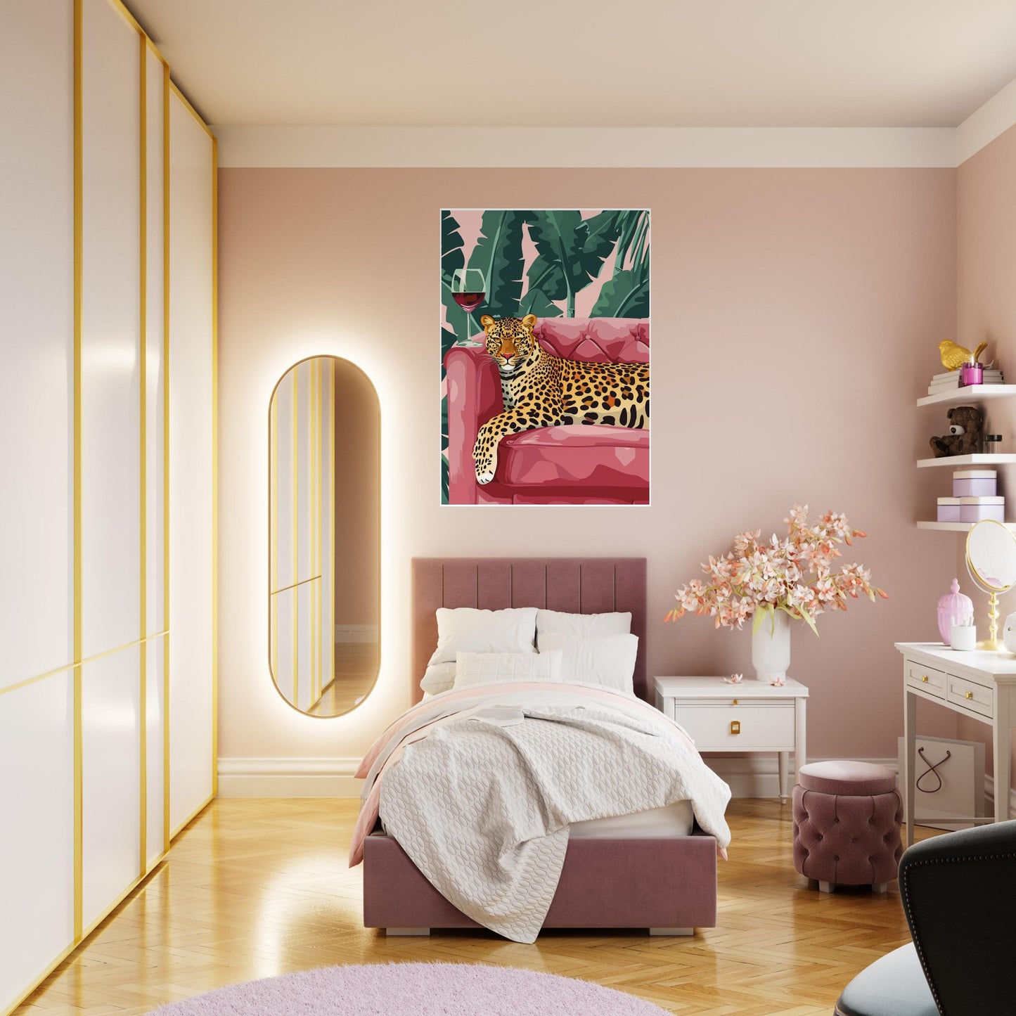 The Tropical Lounge Leopard Art Print framed and displayed in a light, minimal room with beige tones. The mockup highlights how the artwork’s rich colours stand out beautifully against soft décor, offering a bold statement piece suitable for contemporary interiors, bedrooms, or clean, neutral living spaces.