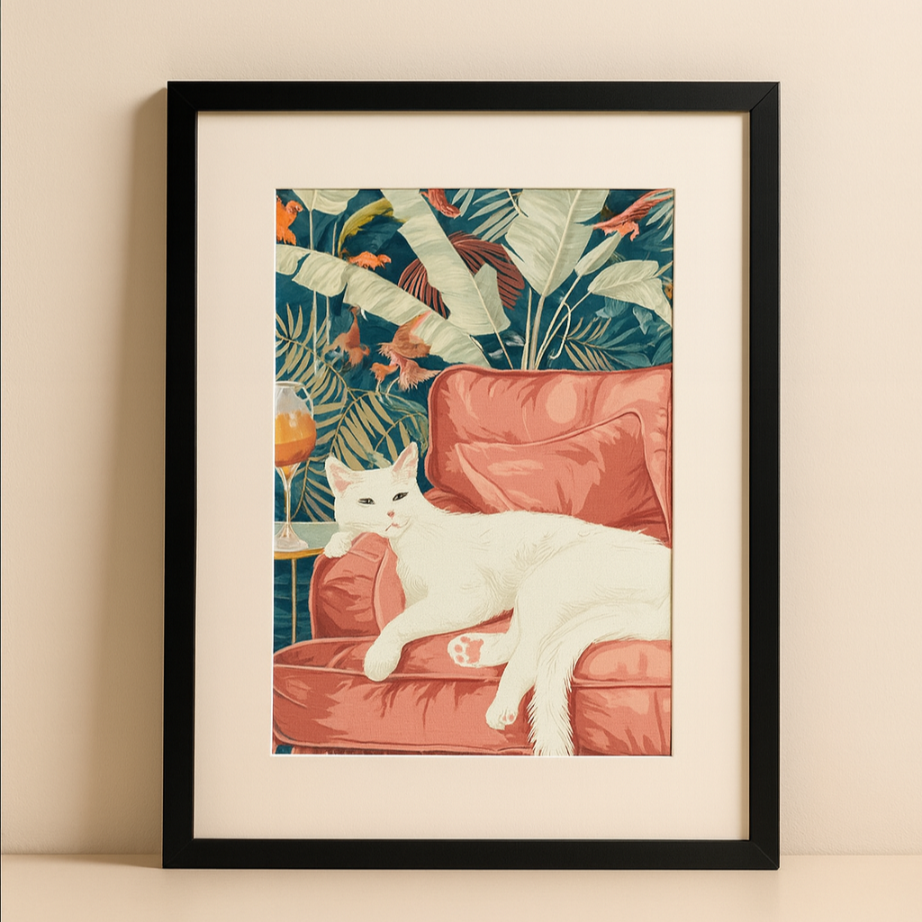 A framed Tropical Lounge White Cat art print hanging on a clean wall. The artwork shows a white cat lounging on a pink armchair with lush tropical leaves and colourful birds in the background. The mockup highlights the design clearly in a warm, neutral interior setting.