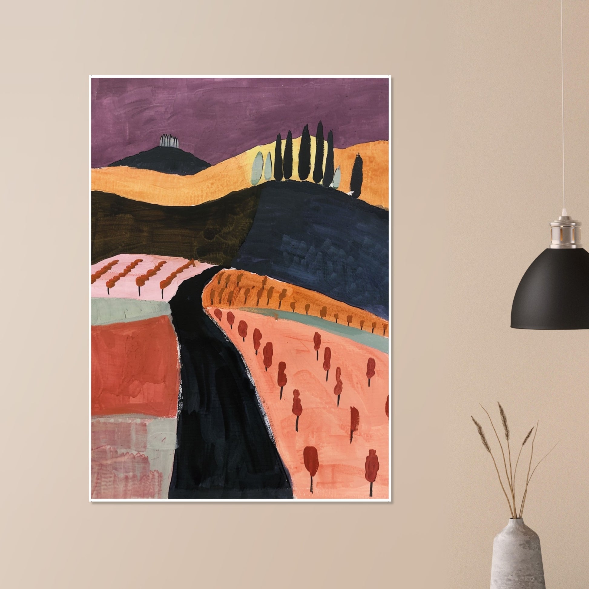 A large framed Tuscan Twilight landscape print showcased in a neutral-toned living space with soft textures and minimalist décor. The warm vineyard colours and bold brushstrokes create a striking focal point, demonstrating how the artwork enhances contemporary interiors with rustic elegance and a calming, sunset-inspired atmosphere.
