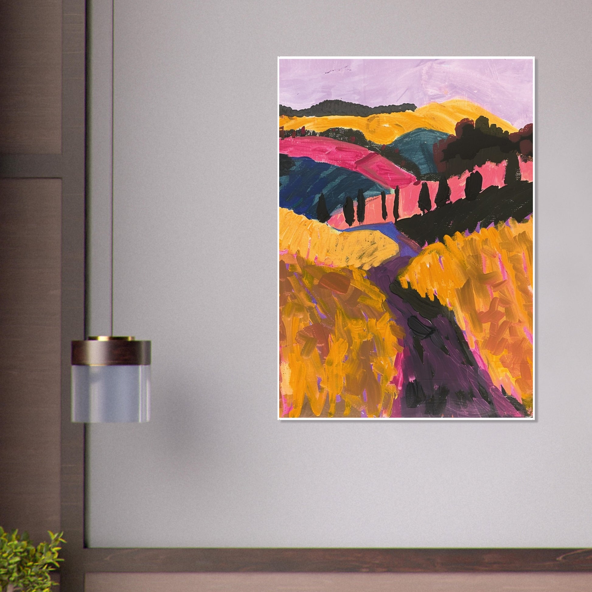 A Tuscany Pathway landscape print showcased in a contemporary room with clean lines, natural textures, and indoor greenery. The vivid brushstrokes and warm Tuscan tones bring energy and sunlit vibrancy into the space, creating a bold focal point ideal for modern, art-focused interiors.