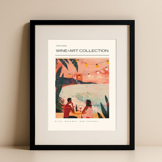 Wine + Art Collection – Coastal Sunset Wall Art with Wine and Beach View